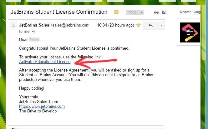 JetBrains Student License Confirmation Email