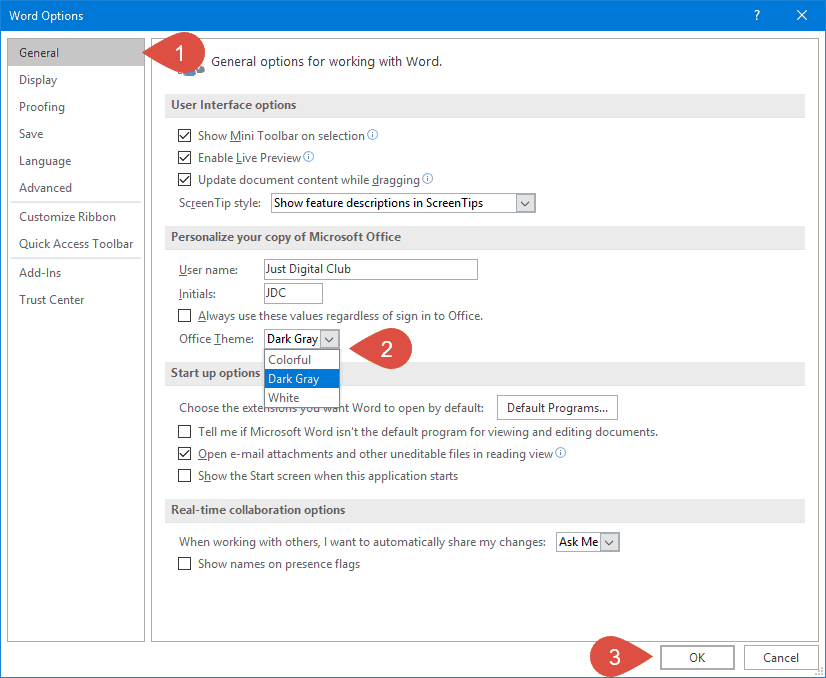 Enable Dark Mode In Microsoft Office Using Word Options